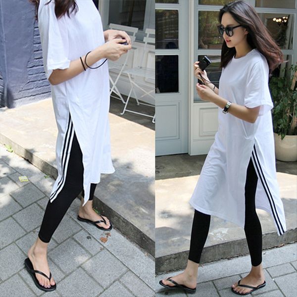

summer dress split dress large clothing casual wear t-shirt casual wear size women's loose mid-length short-sleeved t-shirt skirt, White