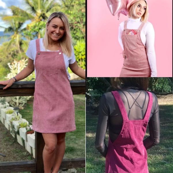 

women dress corduroy autumn ladies casual suspender sarafan overall dresses female loose vest button pinafore mini dress designer clothes, Black;gray