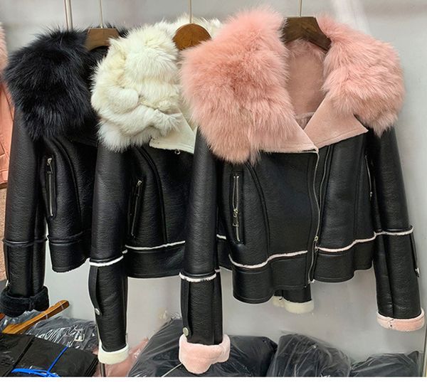 

women faux leather jacket short coat with real big fur collar fur lined suede bomber cropped jacket motorbiker pink black