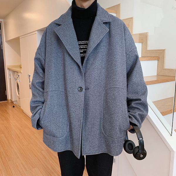 

thick woolen coat men's warm fashion solid color v-neck woolen jacket man streetwear wild loose british wind jacket overcoat, Black