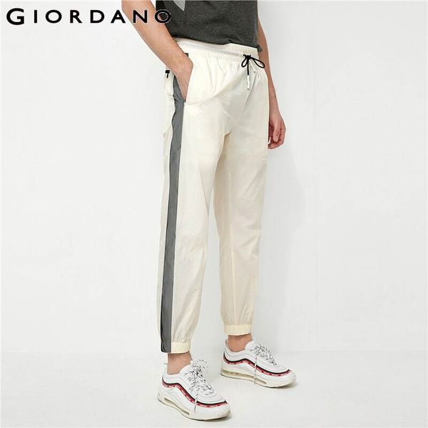

giordano men pants elastic waistband silver reflective contrast joggers men slant pocket nylon fashion pantalon hombre 01110085, Black