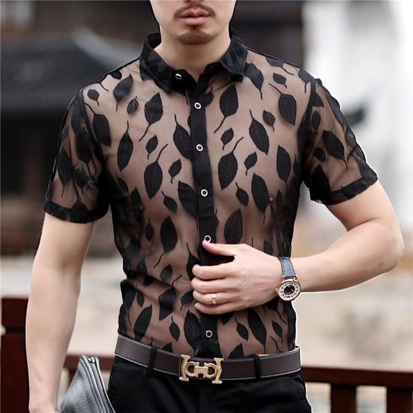 

leaf print mesh shirt for men summer short sleeve see through transparent shirt men mesh club party camisa social masculina, White;black