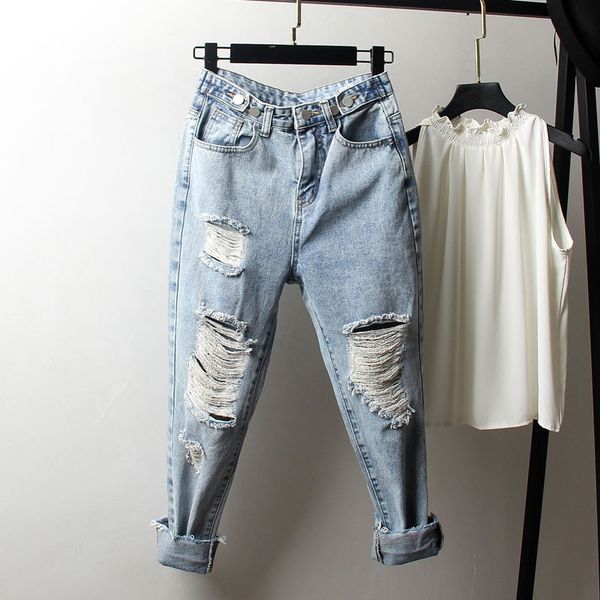 

vintage boyfriend jeans for women high waist loose ripped jeans femme denim harem pants streetwear plus size mom 4xl q1413, Blue