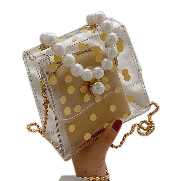 

new summer transparent wave point bag fashion pearl mobile female bag single shoulder sling chain beach