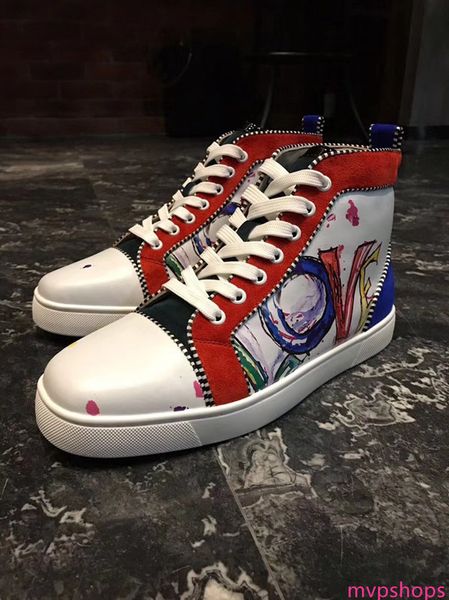 

35-46 новых люди женской сек обуви красочный граффити кожа с лоскутным high top red bottom кроссовок бренд casual мужской обувью flats