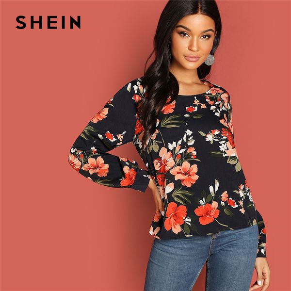 

shein multicolor highstreet flower print round neck autumn modern lady women and blouses, White