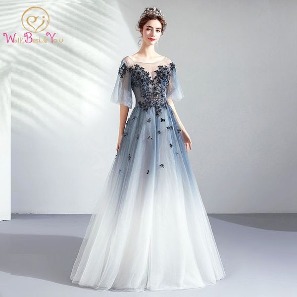 

graduate prom dresses long 2019 half sleeves lace appliques beading navy blue white gradient a line keyhole evening gowns stock, White;black