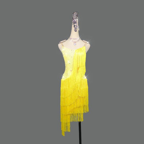 Latin Dance Dress Tassel Vestidos Feminino Adulto Infantil Vestido Dance Competition Outfit amarelo fluorescente Ballroom Fringe Skirt