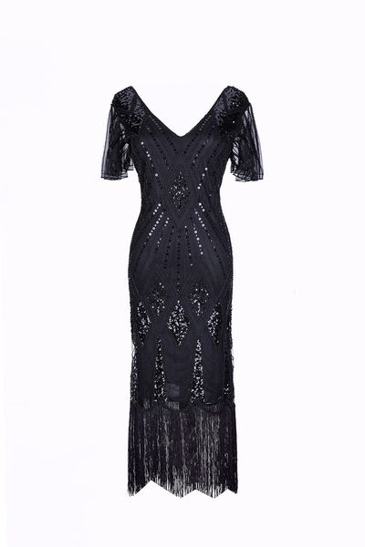 

luxury designer's latest handmade 1920 vintage sequined beaded dress fashion fringed gown, Black;red