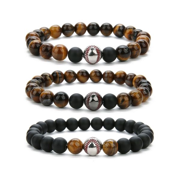 

new style natural tiger's eye stone baseball bracelets handmade beaded bracelet elastic bracelet couples accessories, Silver