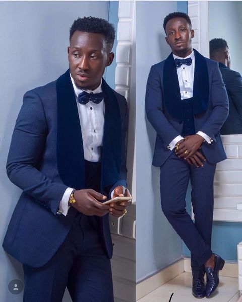 Popular Navy Blue Men Wedding Tuxedos Velvet Lapel One Button Groom 2019 Style Dinner/Darty 3 Piece Suit(Jacket+Pants+Tie+Vest)9