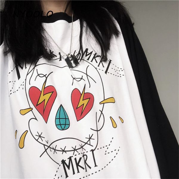 

nyoolo vintage clown pattern print patchwork tee shirt autumn streetwear loose long sleeve t-shirt women men clothing, White