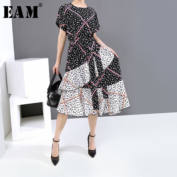 

eam] women black pattern printed asymmetrical dress new round neck short sleeve loose fit fashion tide spring summer 2020 1u123, Black;gray