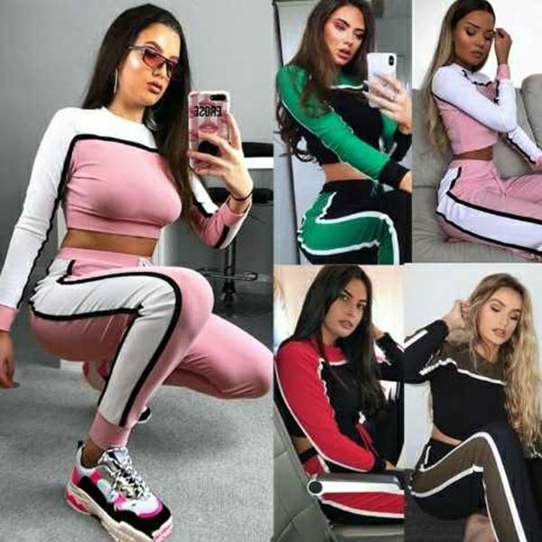 

casual women's tracksuit tights sportswear fitness suit for female clothing workout two piece jumpsuit long sleeve crop top, Gray