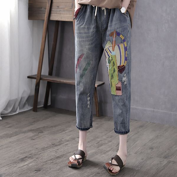 

tribe character patchwork fashion summer jeans ladies bleached washed harem pants women elastic wasit ripped denim trouser retro, Blue