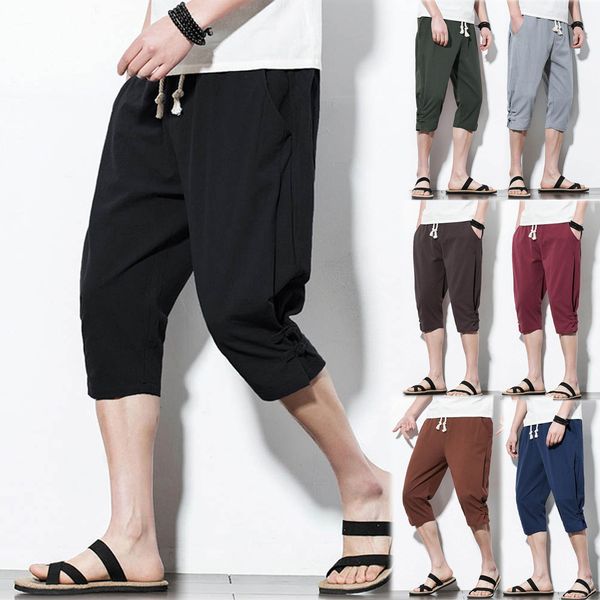

2019 new beach pants men summer fashion leisure pure color button linen loose baggy elastic waist calf-length pants c0610, Black