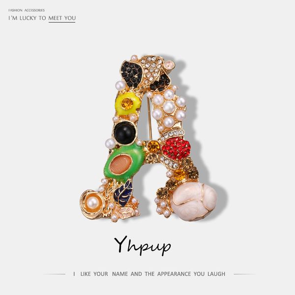 

yhpup luxury exquisite letter rhinestone pearl enamel golden brooch pin for women colorful brand fashion brooches jewelry gift, Gray