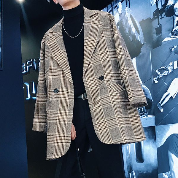 

autumn and winter new men's fashion youth temperament wild simple casual woolen coat solid color loose long sleeve stripes, Black
