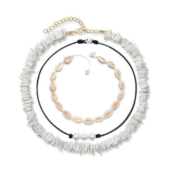 

3 pcs ethnic girls marine shell necklace pendant bamboo chain pieces splicing hand-made lady women men pearl jewelry accessories, Silver