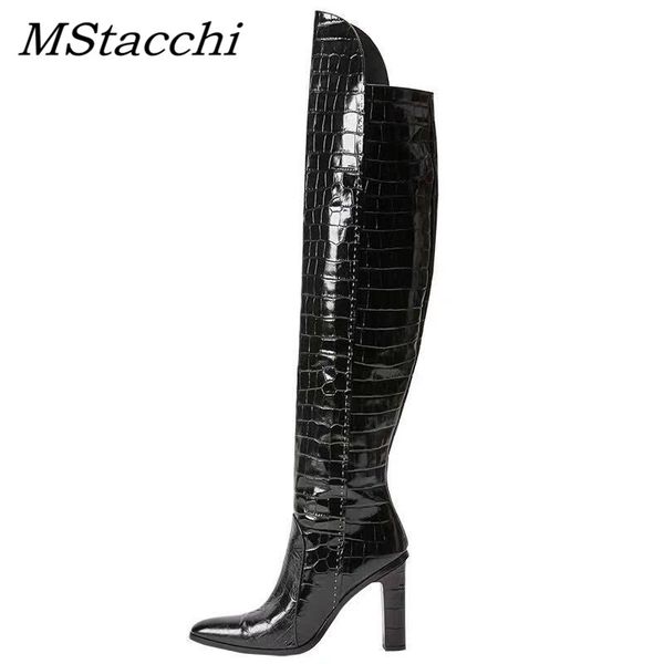 

mstacchi 2020 over the knee high boots for women stone pattern pointed toe long boots woman chunky high heels shoes ladies, Black