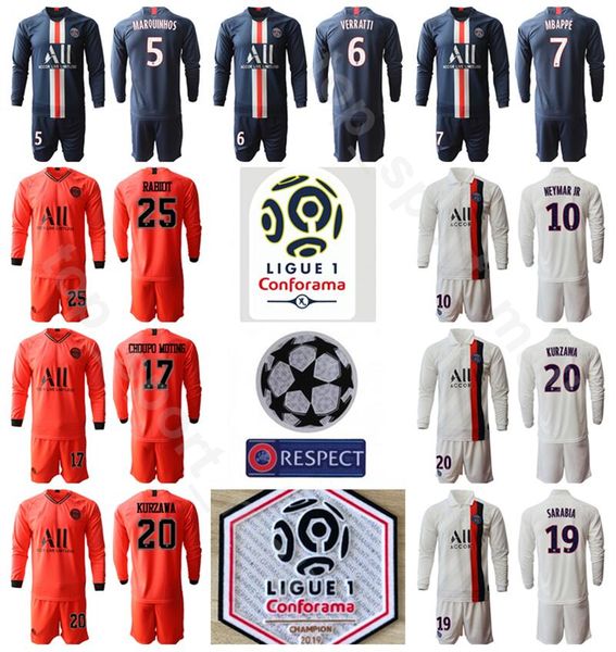 

2020 men long sleeve paris germain soccer 11 angel di maria jersey set 2 thiago silva 23 julian draxler mbappe football shirt kits, Black