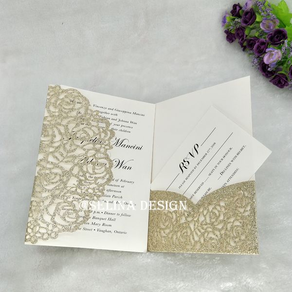 

2019 luxury champagne glitter la er cut pocket invitation card with r vp card and envelope for wedding bridal hower engagement birthday