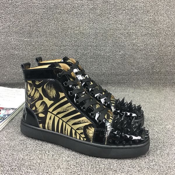 

brand designer luxury mens red bottoms casual shoes women high sneakers spikes leather flats boots wholesale for size us, Black