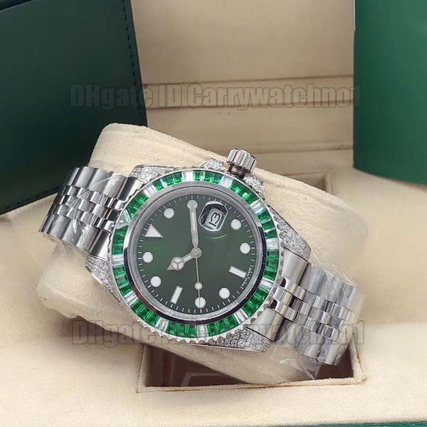 

new date sub silver case 116610lv-97200 116610 automatic mens watch green dial green diamond bezel steel bracelet watches watch, Slivery;brown