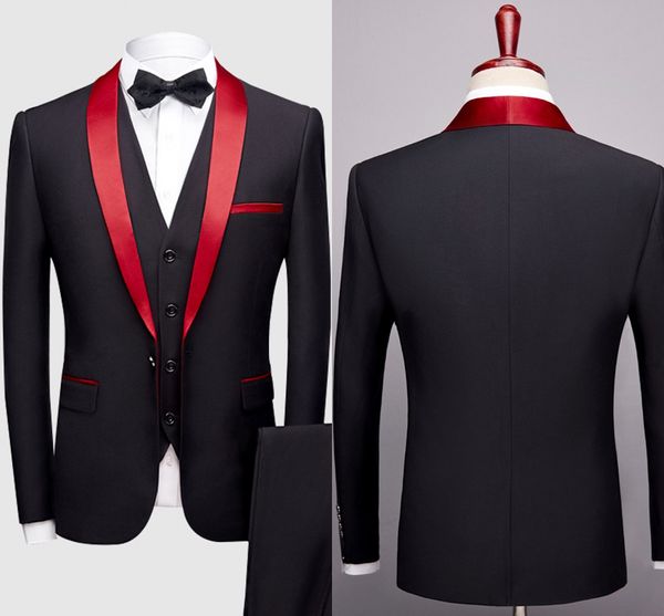 Kırmızı Şallı Lapel ile Siyah Bir Düğme Moda Erkekler Balo için Smokin Giyim Düğün Akşam Partisi Takım Özel Yapım (Blazer+Pantolon+Yelek)