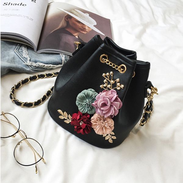 

fashion new women's bag fashion pure color bucket bag flowers small fresh shoulder messenger bag(black