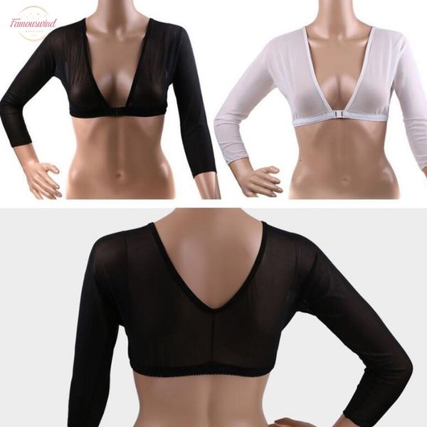 

сетка chest поддержка вверх женщины кнопки на передней панели dew navel с длинным рукавом бесшовные arm shaper короткий обрезанное navel mes, White