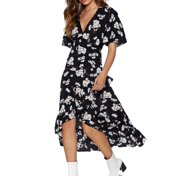 

womens dress woman clothes floral print beach dress boho style chiffon dress casual short sleeve split party dresses robe femme, Black;gray
