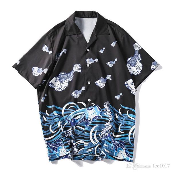 

fish printed street shirts for men summer vintage men's shirts short sleeve streetwear clotihng