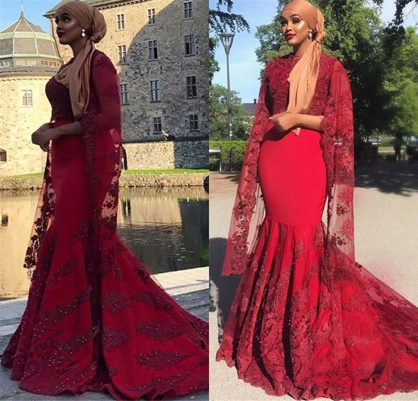 

Red Lace Evening Dresses Mermaid With Cape Half Sleeves Arabic African Party Gowns Custom Made Formal Prom Dresses