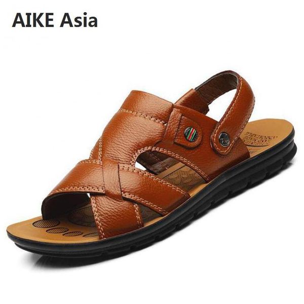 

men's summer sandals brand leather casual sandals slip-on flats fashion two-wear men footwears sepatu pria size 38-44, Black