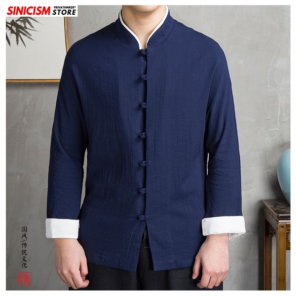 

sinicism store 2020 men's solid buckle spring shirts men long sleeve chinese style shirt male fashion cotton linen loose shirts, White;black