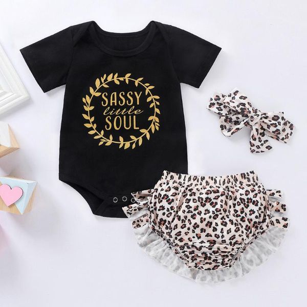 

2020 newborn infant baby girls clothes set causal t-shirt letter romper leopard shorts headbnads outfits summer clothing set, White