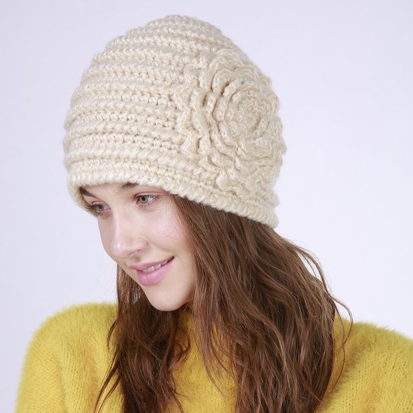 

sparsil women thick warm beanies hat solid color stripes large flower caps popular hand-knitted winter autumn fashion wool hats, Blue;gray