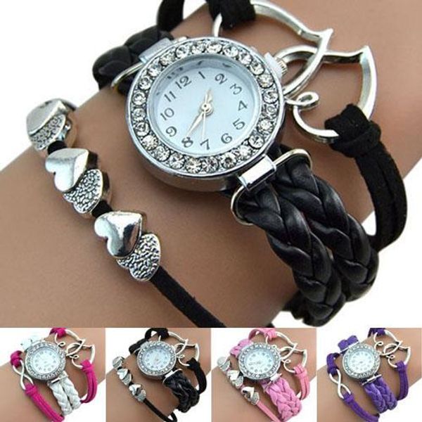 

2019 fashion women casual watches double heart multilayer braid faux leather handmade braided vintage bracelet quartz wristwatch, Slivery;brown
