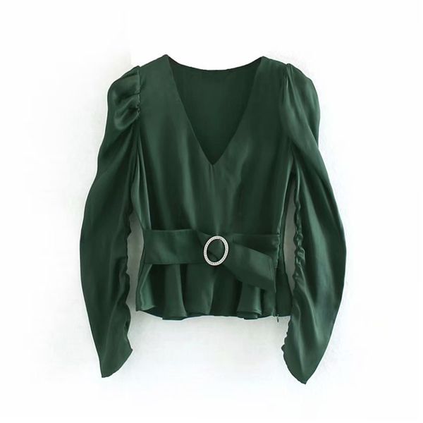 

stylish v neck green color ladies blouses sashes puff long sleeve fashion side zipper solid shirt female chic silk tunic, White