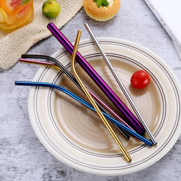 

4pcs/pack colorful straw 304 stainless steel straws reusable bent metal drinking straw with cleaner brush party bar accessory