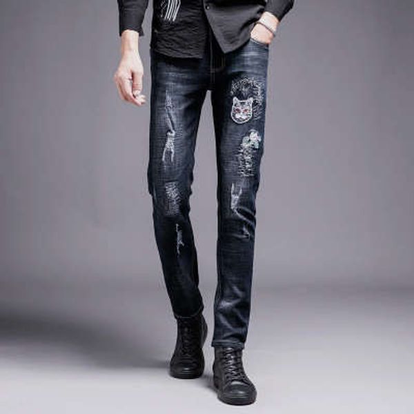 

ripped hole mens jeans denim pants embroideried cat pattern winter fashion straight denim trousers zipper denim pants 0-0, Blue