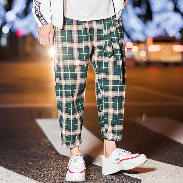

men's loose lattice printing haren pants cotton casual pants male trousers active elastic hip hop joggers sweatpants size m-5xl, Black