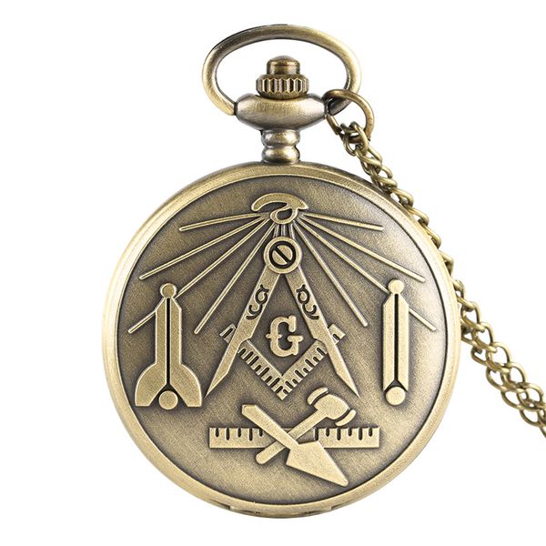 Orologi in muratura massonica in bronzo Quadrato cromato e bussola Mason Orologio da tasca analogico retrò al quarzo Collana con pendente a catena Regali f213r