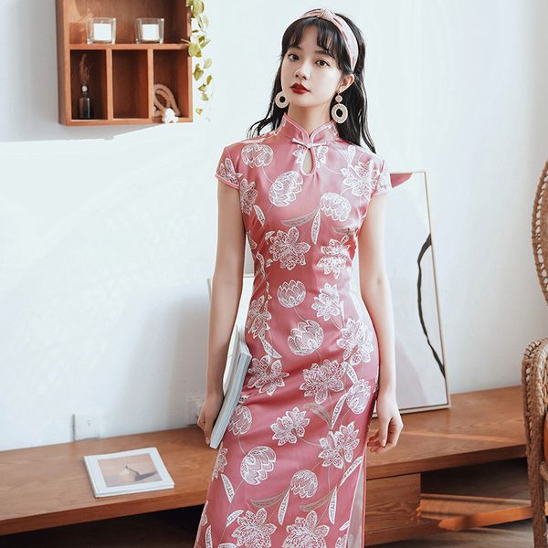 

pink print flower qipao slim high split lady cheongsam big size vestidso elegant mandarin collar satin evening party dress, Red