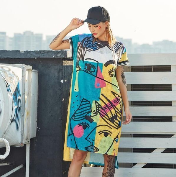 

женская одежда рубашка платье pre sale new 2019 printed платье для cartoon graffiti длинных футболок платье streetwear hip hop танец ткань, Black;gray