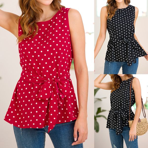 

2019new women's blouses shirt sleeveless wave print chiffon shirt ladies girls o-neck fashion blouse with belt red black s  l xl, White