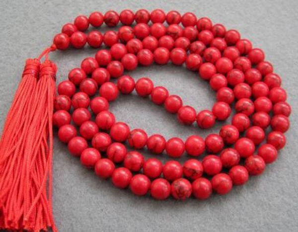 

necklace ++ tibetan 108 red turquoise 10mm beads buddhist prayer necklace, Silver