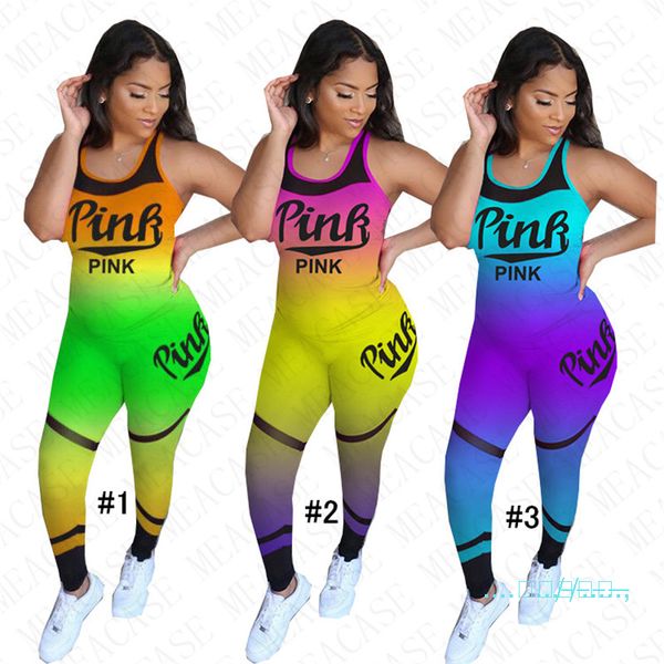 

summer women clothing sets sleeveless t-shirt tank + pants two pieces outfits gradient color tracksuit streetwear d42707