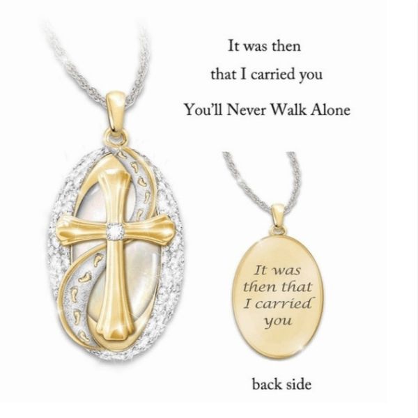 

women christian jesus cross footprints pendant necklace 2019 new fashion gold zircon inlaid water wave chain necklace, Silver